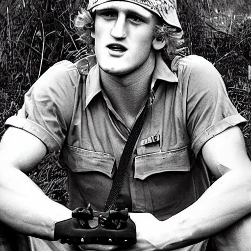 Image similar to “ logan paul in vietnam war, terrified, photorealism ”