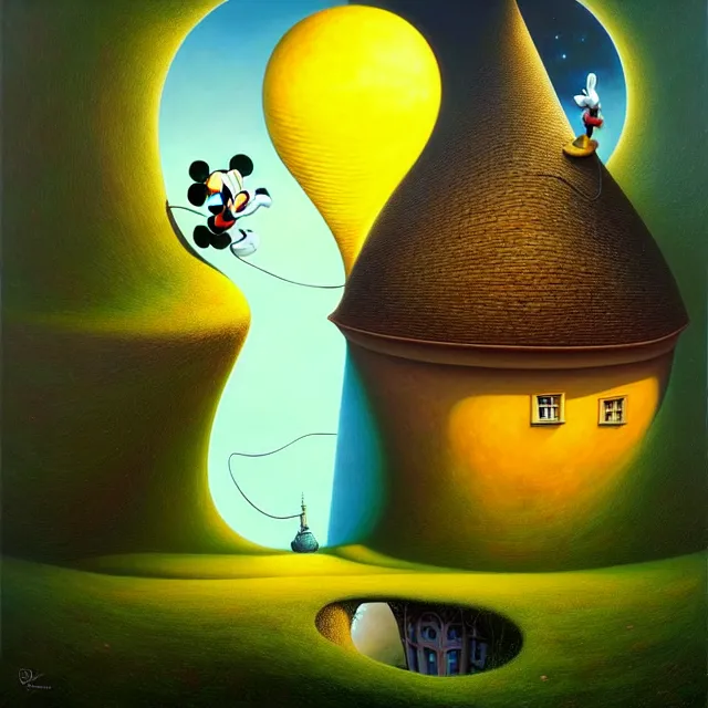 Prompt: gediminas pranckevicius an oil on canvas portrait painting of mickey mouse, surrealism, surrealist, cosmic horror, rob gonsalves, high detail, hole space time warp zica