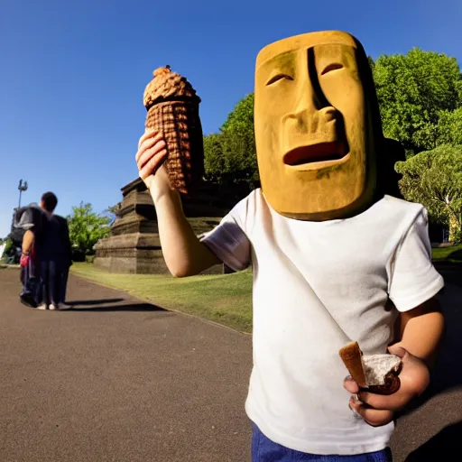 Image similar to a very upset and crying kid holding an ice cream cone but the ice cream is replaced with a moai statue, 4 k photograph