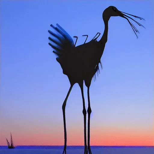 Prompt: a hybrid of a crane and a frog on the background of a blue sunset, photorealism, 4 k