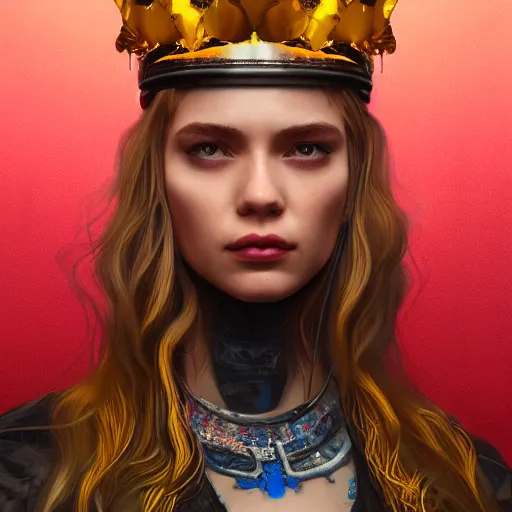 Image similar to a portrait of a chill cyberpunk princess wearing a crown, hyperdetailed, digital painting, trending on Artstation, CG society, hyperdetailed, digital painting, hypermaximalist, golden ratio, volumetric, octane render, weta digital, micro details, 3d sculpture