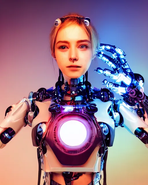 Image similar to photo of dreamy female as a solarpunk cyborg with fluorescent lamps around face, robotic body parts around neck and shoulders, real human face with clean skin, ultra - realistic and detailed, long exposure, soft focus hdr 8 k