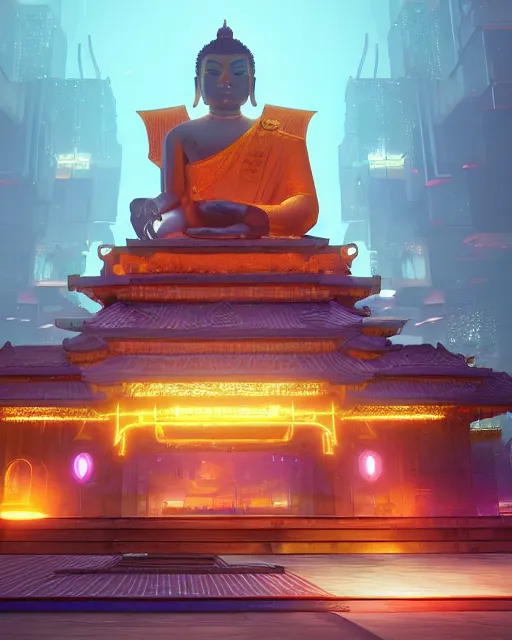 Prompt: buddhist cyber punk temple in the style of andree wallin, vitaly bulgarov, ambient lighting, unreal engine 5, neon light