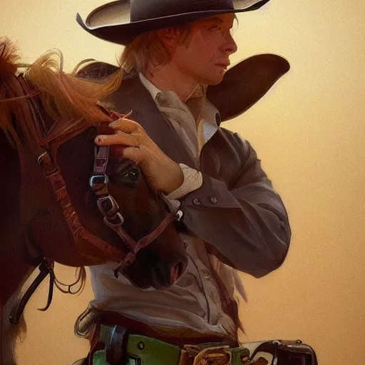 Prompt: Golden Retriever dressed as a cowboy, highly detailed, digital painting, artstation, concept art, smooth, sharp focus, illustration, art by artgerm and greg rutkowski and alphonse mucha