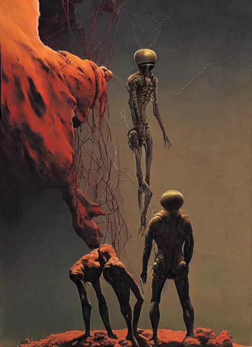 Image similar to hyper realistic end of the world by francis bacon and zdzisław beksinski and norman rockwell and greg rutkowskiweta studio, tokyo futuristic in background, and lucasfilm, still from the movie prometheus in the style of c. leyendecker, realm of the ovarian machine, horror art, the darkest hour