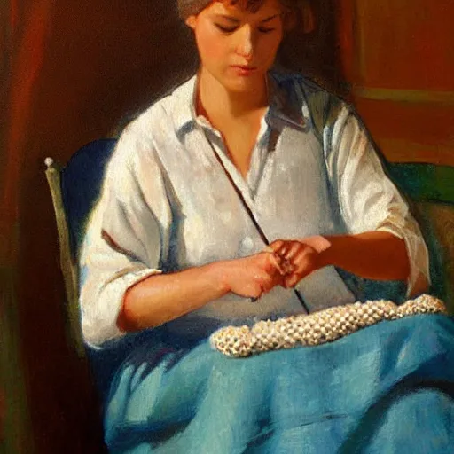 Prompt: painting young European woman crochetting