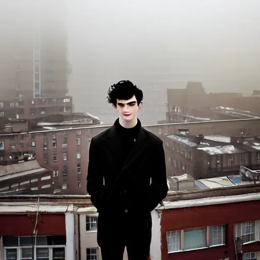 Image similar to un ultra high definition studio quality photograph portrait of a pale young man with black hair standing on the rooftop of an apartment building in cardiff wearing eclectic clothes looking away from the camera. wide angle. morning. art directed. clear. fog. three point light. extremely detailed. golden hour, golden ratio, ray tracing, volumetric light, shallow depth of field.