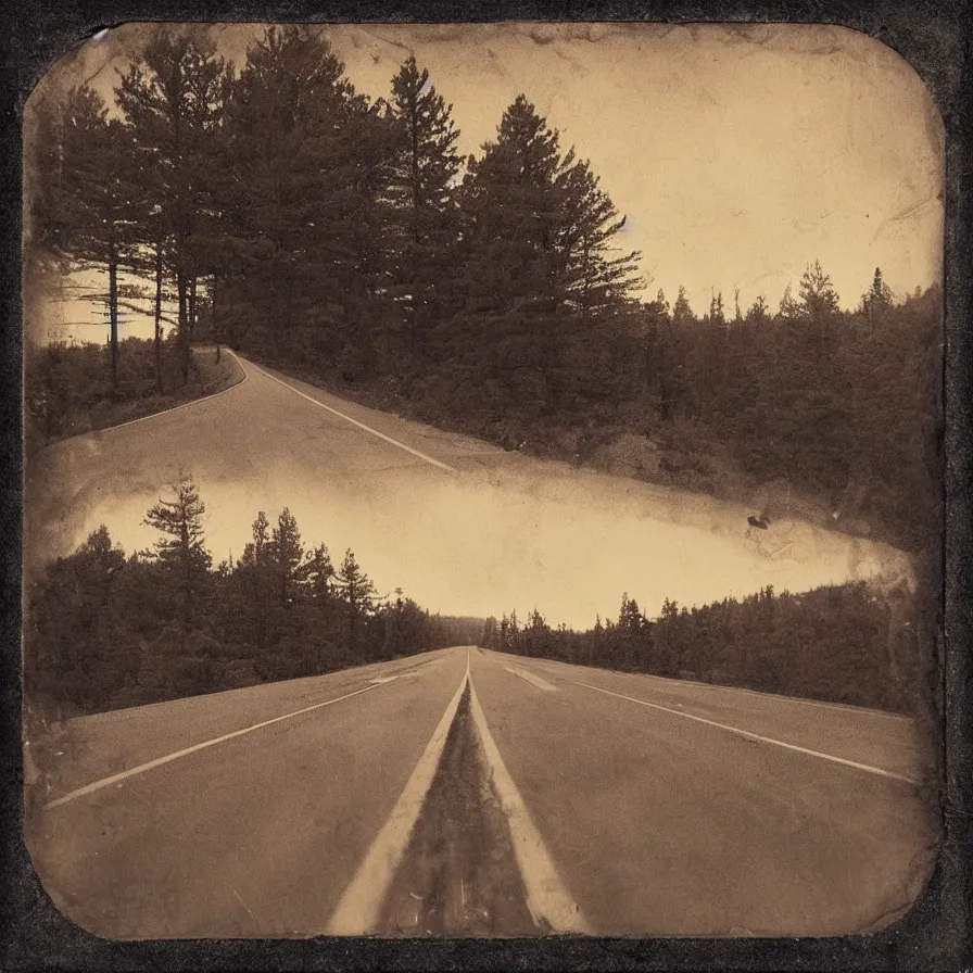 Image similar to tintype cover artwork about a sunrise highway. lighthearted mood.