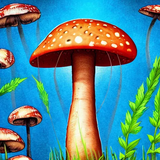 Image similar to macro photo with a mushroom character with cute eyes and mycelium, very close to real nature, natural colors and natural surroundings, painted patterns and coloring on mushrooms, 8K, highly detailed, cartoon