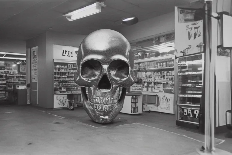 Prompt: large metallic skull attached to an infinitely long, giant, thick power cable, stoic and calm, inside of an unlit 1970s convenience store, ektachrome photograph, volumetric lighting, f8 aperture, cinematic Eastman 5384 film