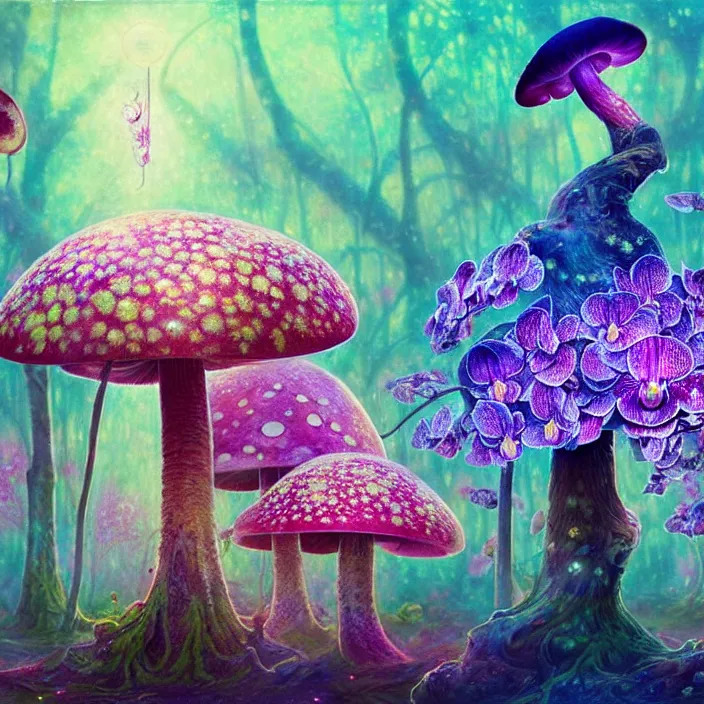 Prompt: extremely psychedelic system made of orchid and cherry blossom tree and mushroom, LSD matrix, diffuse lighting, fantasy, intricate, elegant, highly detailed, lifelike, photorealistic, digital painting, artstation, illustration, concept art, smooth, sharp focus, art by John Collier and Albert Aublet and Krenz Cushart and Artem Demura and Alphonse Mucha