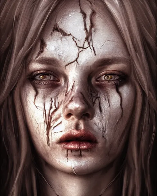 Prompt: dreamy portrait of a beautiful scarred female personification of death, ultra realistic, highly detailed, hd, sharp focus, cinematic lighting, mood lighting, realistic, photorealistic, vivid colors, painting, photograph, digital art, non blurry, sharp, artstation, concept art, smooth, illustration