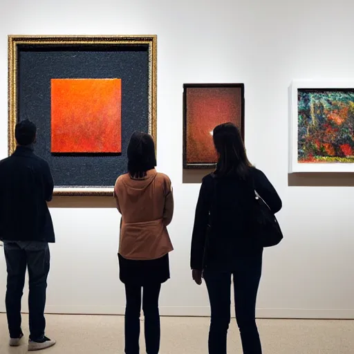 Prompt: wide - shot low - angle photo of visitors in museum looking at abstract paintings, 9 0 - s, polaroid photo