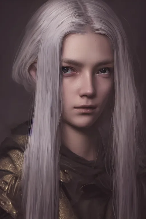 Image similar to a fancy portrait of a beautiful young girl with silver hair and golden eyes by greg rutkowski, sung choi, mitchell mohrhauser, maciej kuciara, johnson ting, maxim verehin, peter konig, bloodborne, 8 k photorealistic, cinematic lighting, hd, high details, dramatic, dark atmosphere, trending on artstation