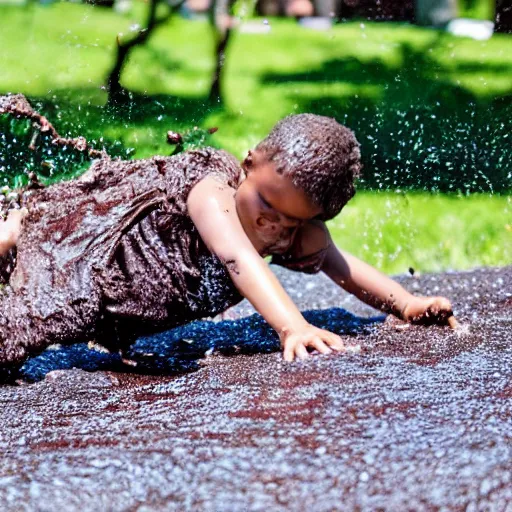 Image similar to kid sliding down chocolate pudding head first, slip n slide, photo taken at the park