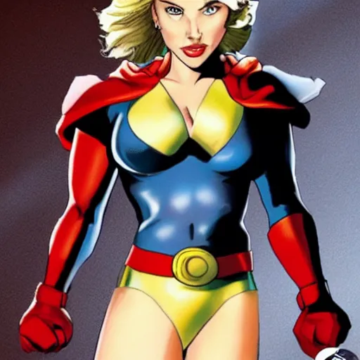 Prompt: photo of scarlett johansson as powergirl, low quality