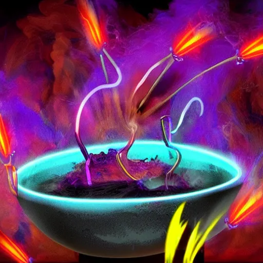 Image similar to smoke and sparks erupting from a magical neon potion brewing in a cauldron.