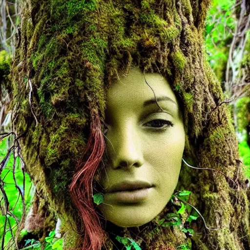 Prompt: a beautiful woman made of roots and branches, mother nature, mossy, ferns, flowers