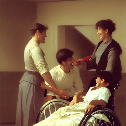 Image similar to a male patient in a wheelchair in the hospital with his wife and son standing by. happy, cheerful, smiling, intricate, face enhance, cinematic lighting, featured in artistation, 8 k, art by greg rutkowski, william adolphe bouguereau