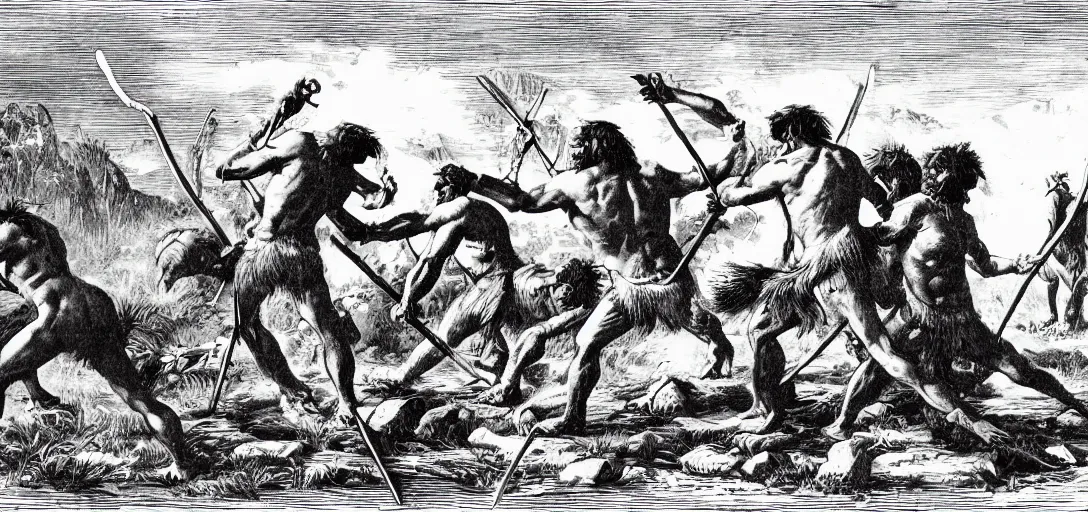 Prompt: cavemen contending with prehistoric monsters, 1 8 9 0 engraving