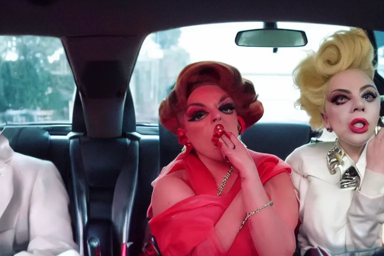 Image similar to lady gaga and judy garland in carpool karaoke, lady gaga, judy garland, red weapon 8 k s 3 5, cooke anamorphic / i lenses, highly detailed, cinematic lighting