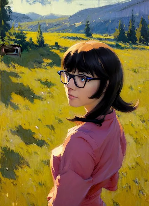 Image similar to Greg Manchess painting of Velma Dinkley, anime style, countryside, calm, fantasy character portrait, dynamic pose, above view, sunny day, artwork by Jeremy Lipkin and Giuseppe Dangelico Pino and Michael Garmash and Rob Rey and Makoto Shinkai, very coherent asymmetrical artwork, sharp edges, perfect face, simple form, 100mm