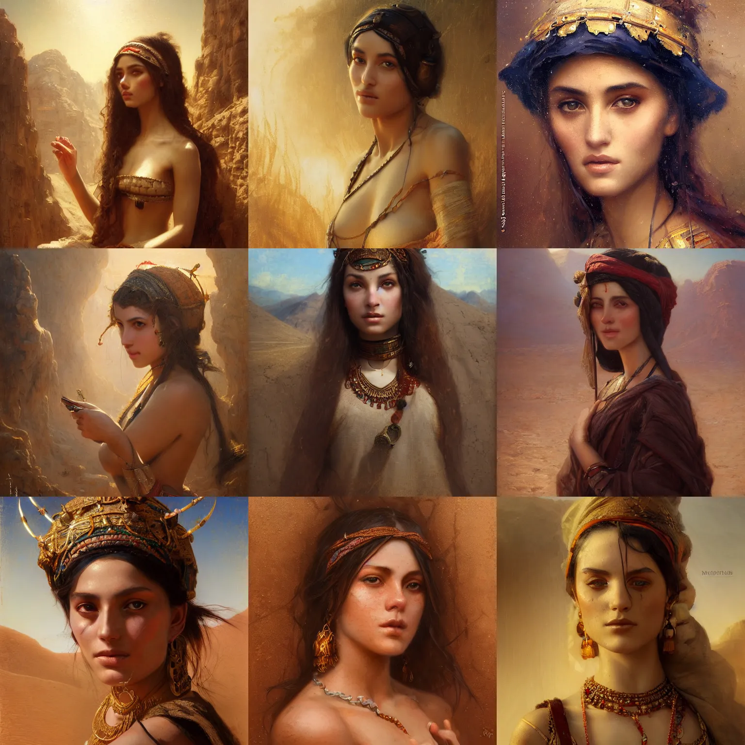 Prompt: orientalism portrait of a cute woman in the desert by theodore ralli and nasreddine dinet and bastien lecouffe deharme and nikolay makovsky, oil on canvas, masterful intricate artwork, excellent lighting, high detail 8 k