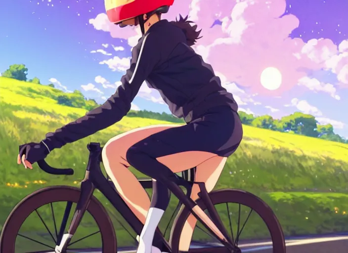 Prompt: portrait of cute girl riding road bike, sunny sky background, lush landscape, illustration concept art anime key visual trending pixiv fanbox by wlop and greg rutkowski and makoto shinkai and studio ghibli and kyoto animation, symmetrical facial features, sports clothing, red road bike helmet, nike cycling suit, backlit, aerodynamic frame, gta 5