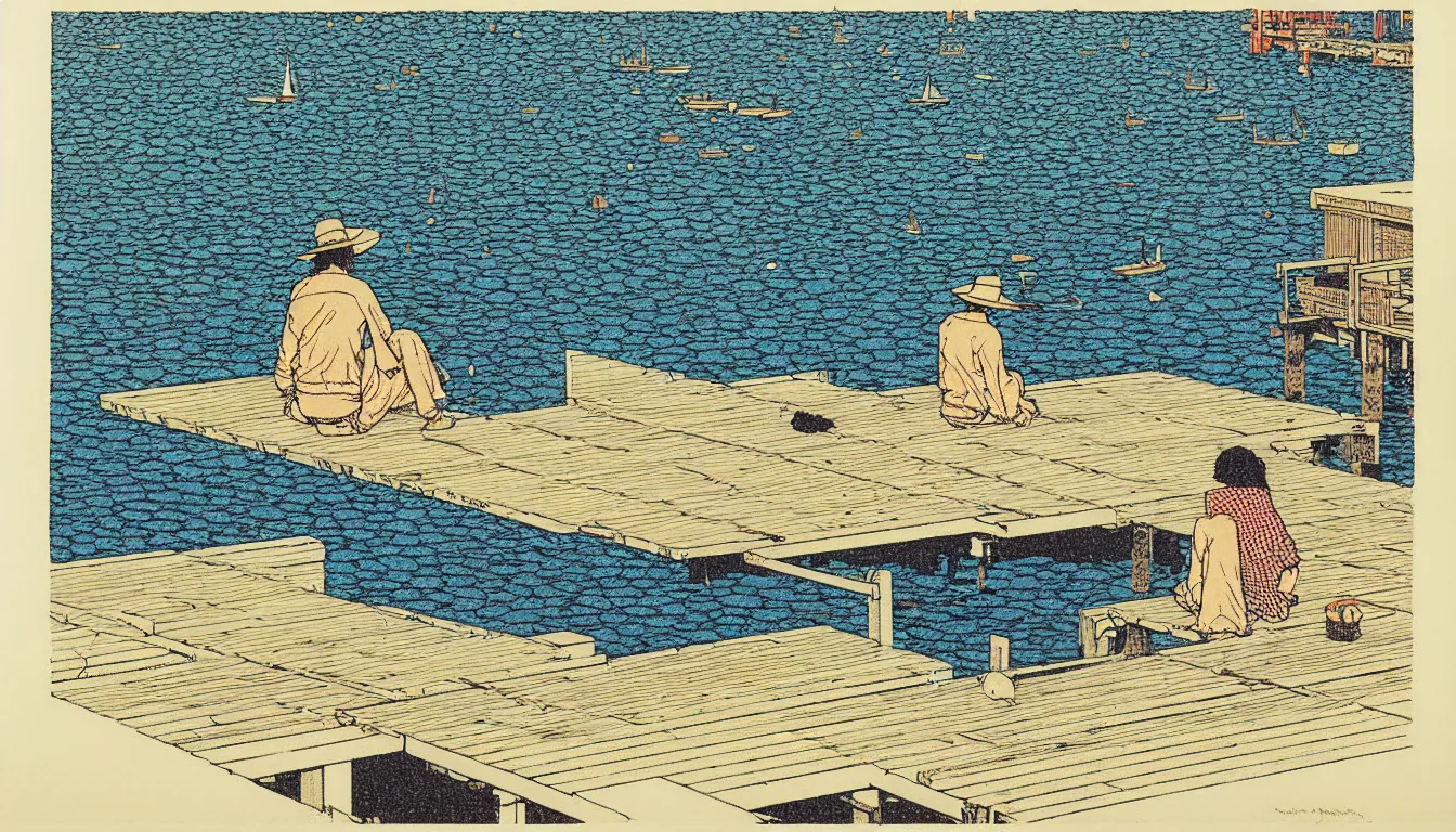 Image similar to sitting at the end of the dock by woodblock print, moebius