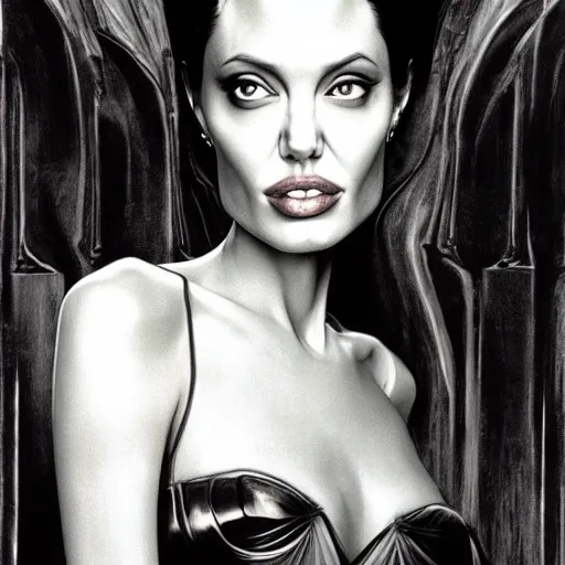 Image similar to angelina jolie walking into the camera by H.R. Giger and Bedsinski