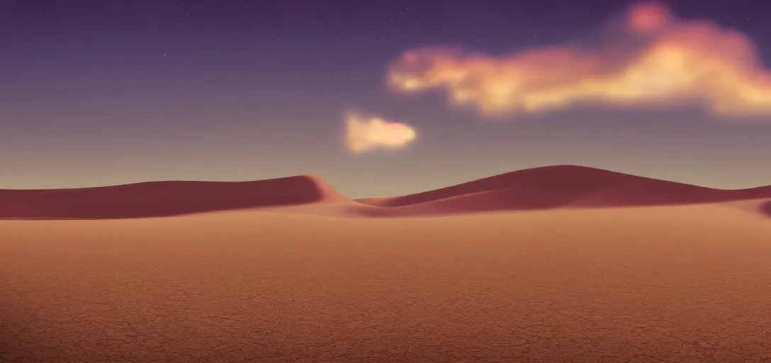 Image similar to a trail of softly glowing cloud leading the way across a desert, volumetric lighting, surreal flat colors, concept art