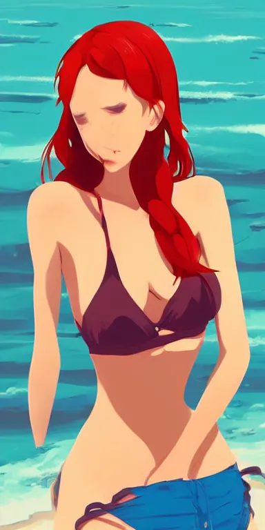 Image similar to redhead 👩👙😘 🏖🌊🌅 digital painting, anime inspired, clean cel shaded vector art. shutterstock. behance hd by lois van baarle, artgerm, helen huang, by makoto shinkai and ilya kuvshinov, rossdraws, illustration, art by ilya kuvshinov