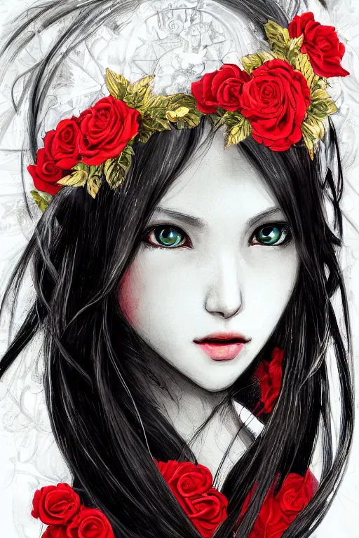 Image similar to high quality digital portrait of woman with long black hair, red eyes, red headband, golden roses in hair, anime, face, fantasy, intricate, elegant, highly detailed, digital painting, concept art, smooth, sharp focus, illustration, art by hiromu arakawa, krenz cushart, sui ishida, trending on artstation