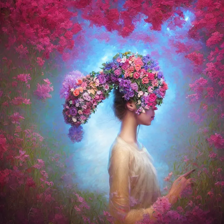 Image similar to a beautiful oil painting hyperrealism of a beautiful young woman, flowers, floral headdress, 8 k resolution, octane render, trending on artstation, by gediminas pranckevicius, volumetric light 2 blue fractal thunder glow by dan mumford, anaglyph effect, laurie lipton