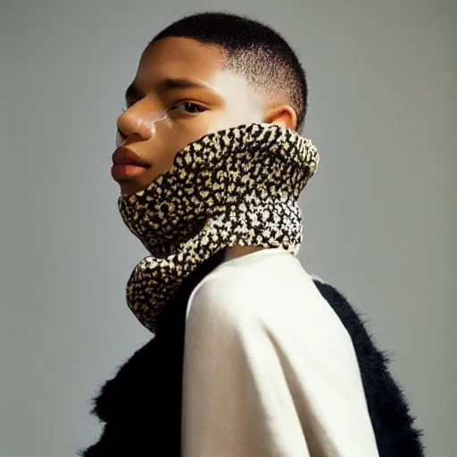 Image similar to realistic! photoshoot for a new balenciaga lookbook, color film photography, portrait of a beautiful woman wearing a balaclava puffer mask, photo in style of tyler mitchell, 35mm lens