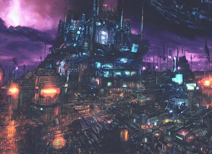 Prompt: landscape of midgar from final fantasy vii at night