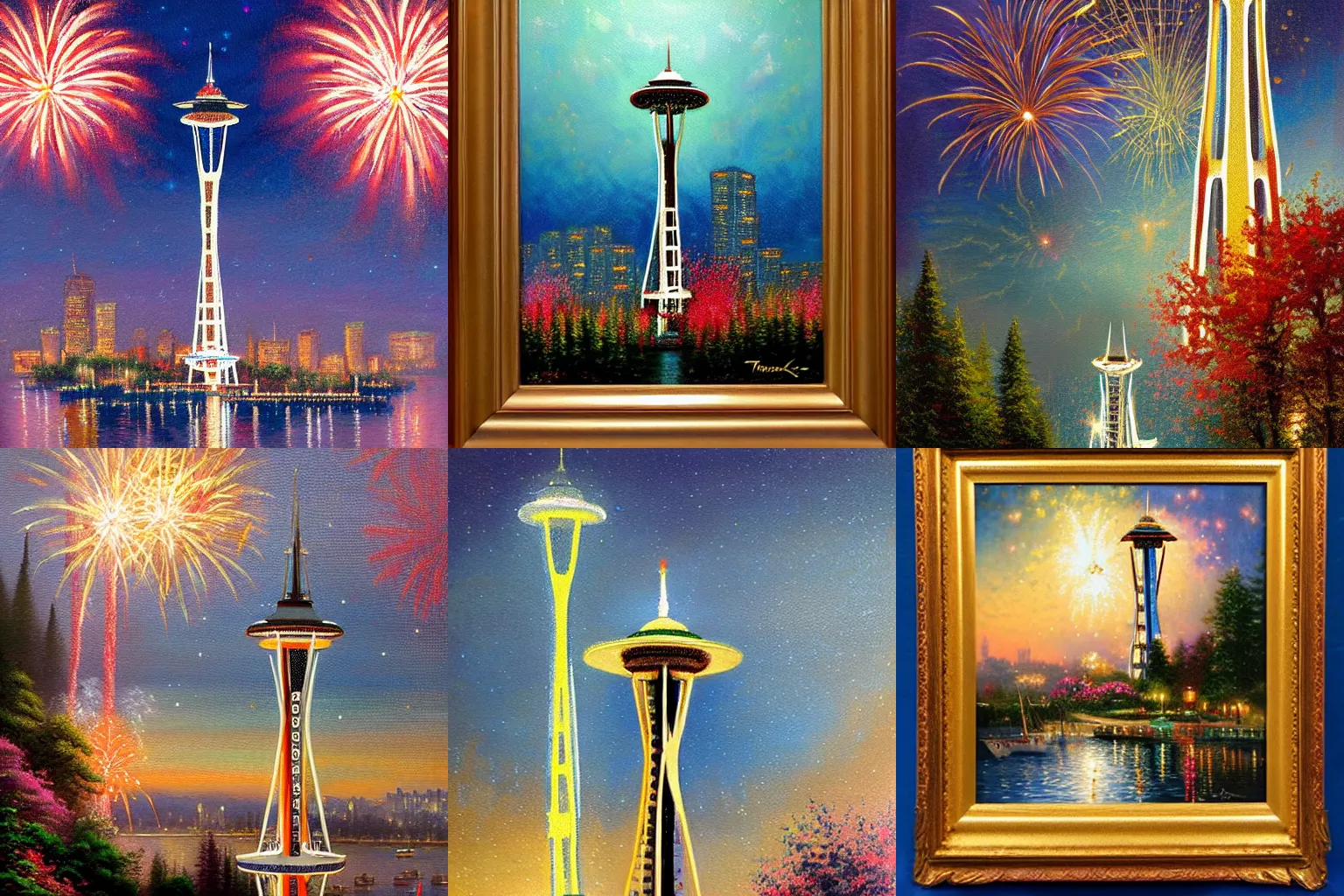 Prompt: thomas kinkade painting of the space needle with fireworks