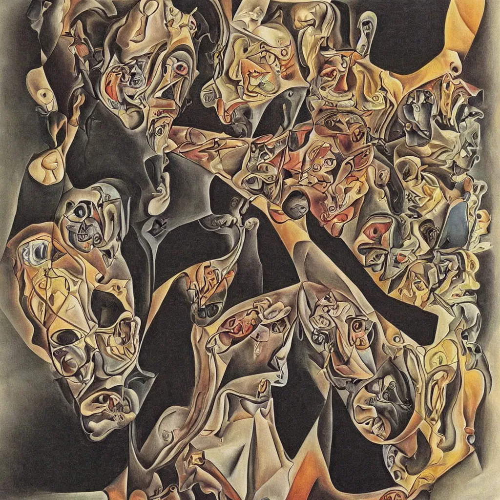 Prompt: a painting of salvador dali, drawed by M. C. Escher colored by Hayao Miyazaki