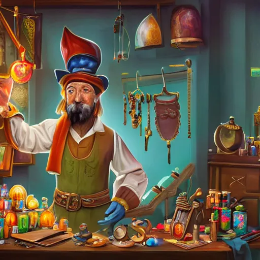 Image similar to Anthropomorphized parrot trader in his shop, selling a gem, portrait, items, magic potions, carpet, window, fancy hat, sly expression , cunning expression, cute expression, presenting magic gem, D&D, fantasy, cinematic lighting, highly detailed, digital painting, artstation, concept art, smooth, sharp focus, illustration, warm light, cozy warm tint, magic the gathering artwork, volumetric lighting, 8k, no gold, no gold colours, art by Akihiko Yoshida, Greg Rutkowski