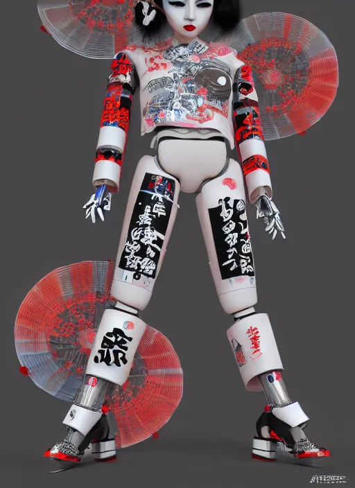 Image similar to full body portrait of a japanese punk geisha robot with kanji tattoos and decals wearing a digital pixelated kimono, intricate design, photo - realistic, octane render, dark colour palette, ultra fine detailed, character design, trending on artstation