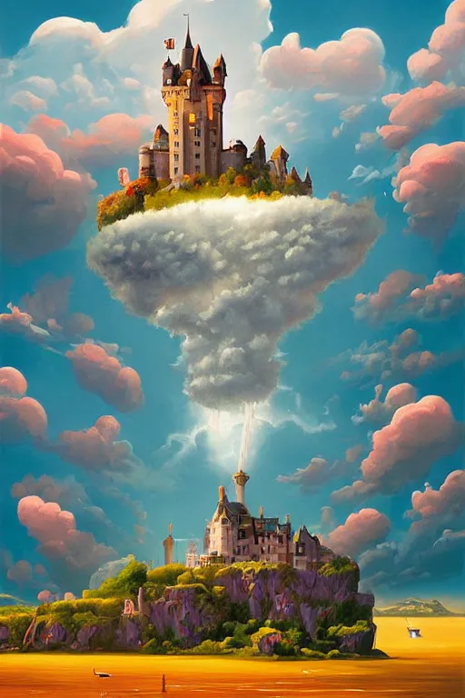 Prompt: a painting of a castle city island floating in the air, a surrealist painting by rhads, james jean, alberto seveso, behance contest winner, psychedelic art, flying castle, wallpaper, art