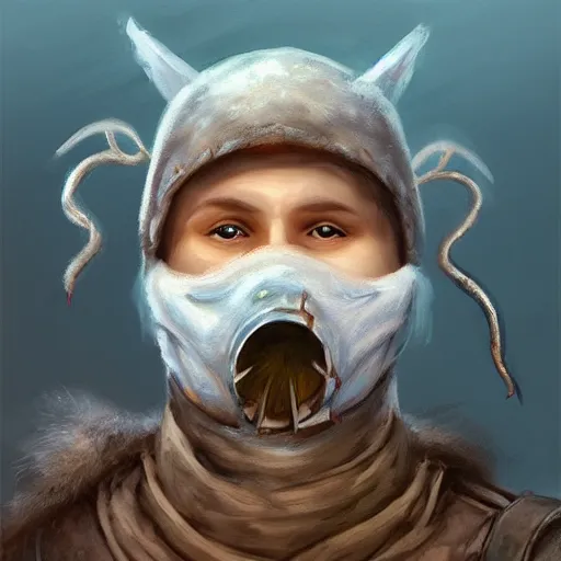 Prompt: “ fantasy snow bandit ‘ icewind dale ’ with mask, digital portrait by justin sweet, soft focus, oil paint, epic, artstation ”