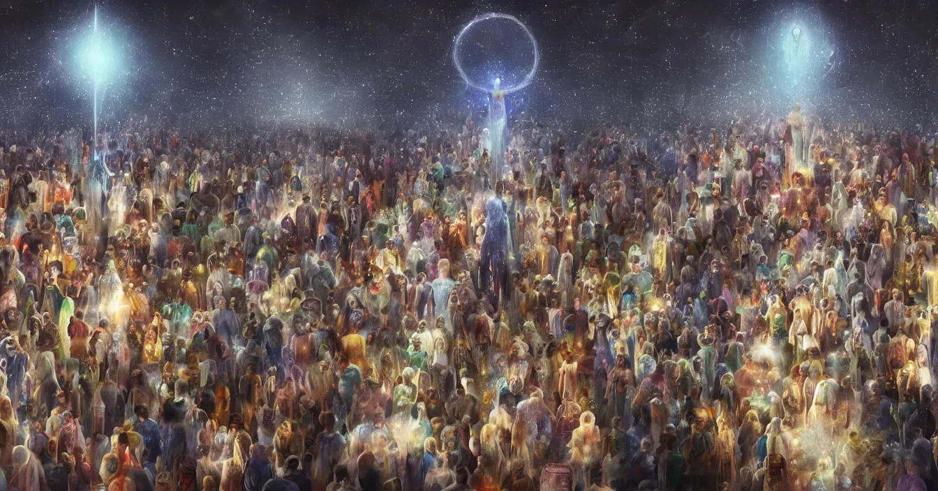 Prompt: crowd of human egos are trapped in the illusion of physical reality, sitting in a front of wide screen of life, where the light of consciousness project their destiny, realistic image full of sense of spirituality, life meaning, meaining of physical reality, happy atmosphere, beautiful concept art, super detail