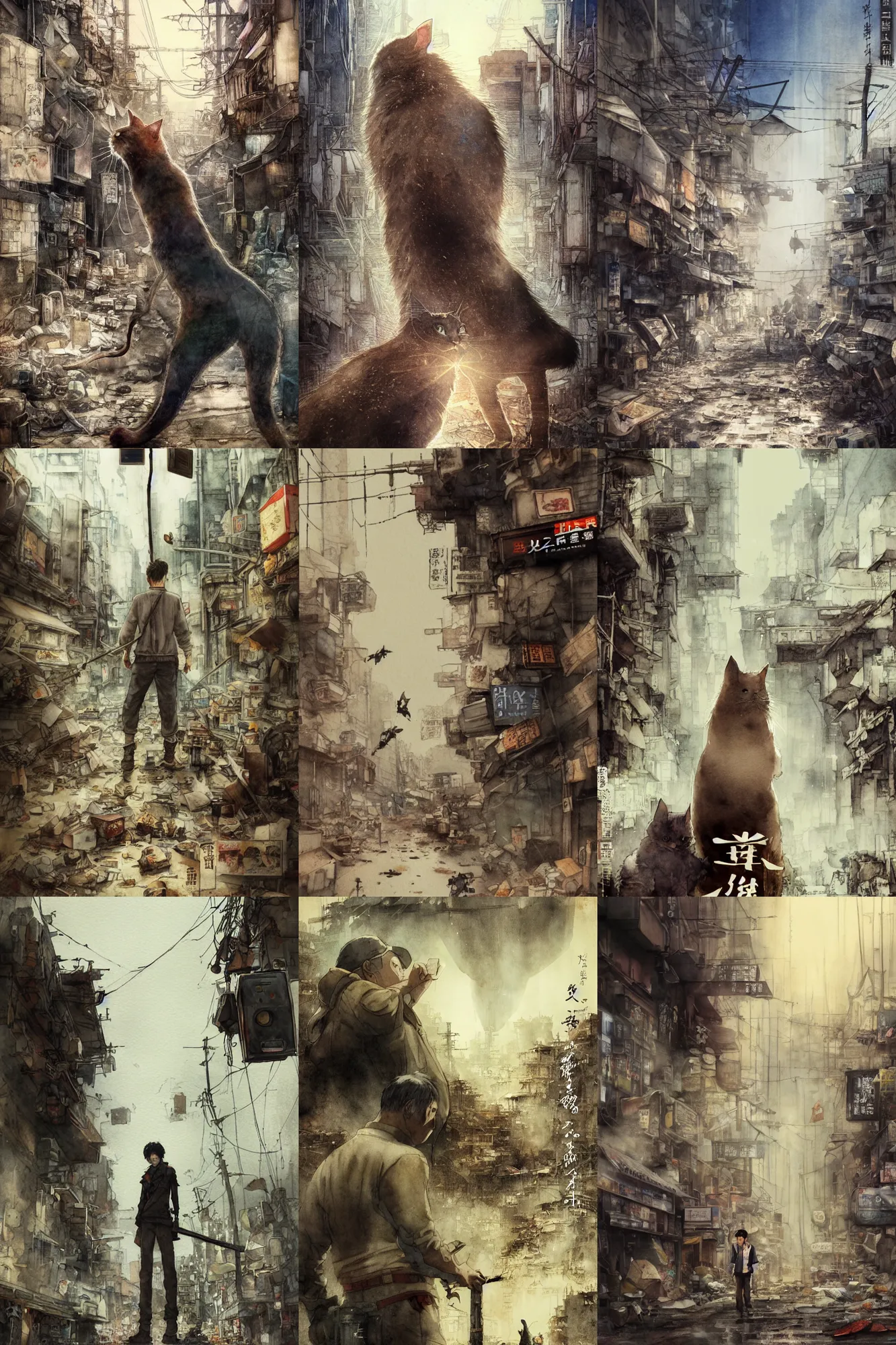 Prompt: incredible miyazaki, ruan jia movie poster, low angle, tatsuyuki tanaka, detailed watercolor, paper texture, movie scene, center frame backlit cat, catching mice in a deserted dusty shinjuku junk town, old pawn shop, bright sun bleached ground , spot light, pale beige sky, junk tv, texture, brown mud, dust, overhead wires, telephone pole, dusty, dry, pencil marks, hd, 4k, remaster, dynamic camera angle, deep 3 point perspective, fish eye, dynamic scene