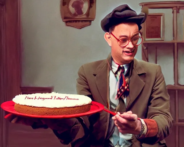 Image similar to tom hanks as forrest gump eating a cake in hogwarts, digital art, highly detailed, artstation, award winning, in the style of David Villegas