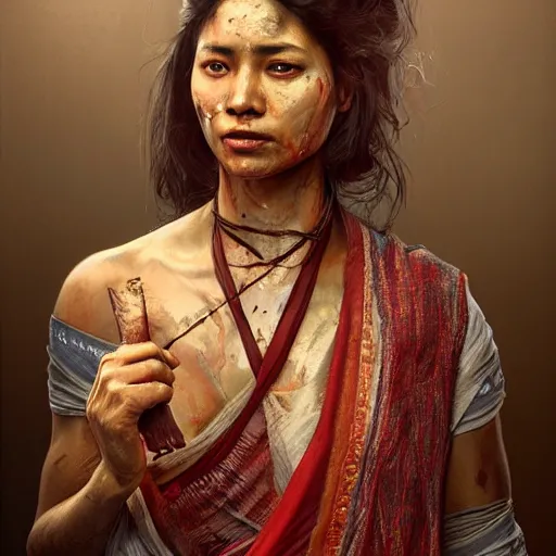 Prompt: portrait painting of a bloodied nepali female butcher wearing low cut sari, ultra realistic, concept art, intricate details, eerie, highly detailed, photorealistic, octane render, 8 k, unreal engine. art by artgerm and greg rutkowski and alphonse mucha