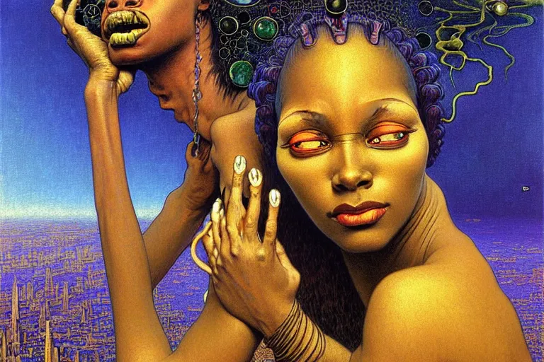 Image similar to realistic extremely detailed portrait painting of a beautiful black woman with an alien, city street on background by Jean Delville, Amano, Yves Tanguy, Ilya Repin, Alphonse Mucha, Ernst Haeckel, Edward Robert Hughes, Roger Dean, rich moody colours