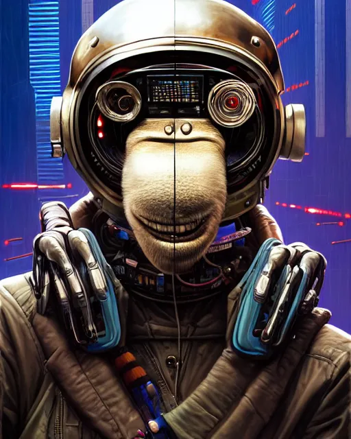 Prompt: a portrait of an anthropomorphic cyberpunk baboon in a crash helmet by sandra chevrier, detailed render, tape deck, epic composition, cybernetics, 4 k realistic, cryengine, realistic shaded lighting, sharp focus, masterpiece, by matteo scalera, gary montalbano, peter elson in the style of the tokyo ghost comic