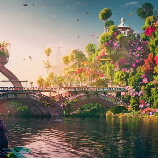 Prompt: a humongous civilization of naturists, cinematic, flowers, bridges, malls, shops, city, people, houses, wet reflections, unreal engine 5, octane, smooth, ray tracing, hyper detailed, hyper realism, fantasy, trending on artstation, behance, deviantart