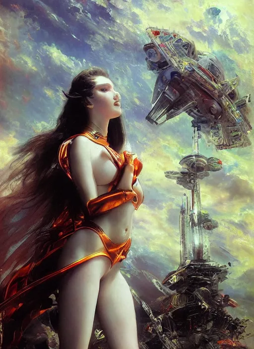 Prompt: Amouranth as an evil futuristic Goddess by Frederick Edwin Church and John Berkey, rule of thirds, seductive look, beautiful, in intergalactic Japan